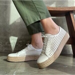 Dylan White Leather Perforated Espadrille Platform Sneakers Shoes Womens 6M